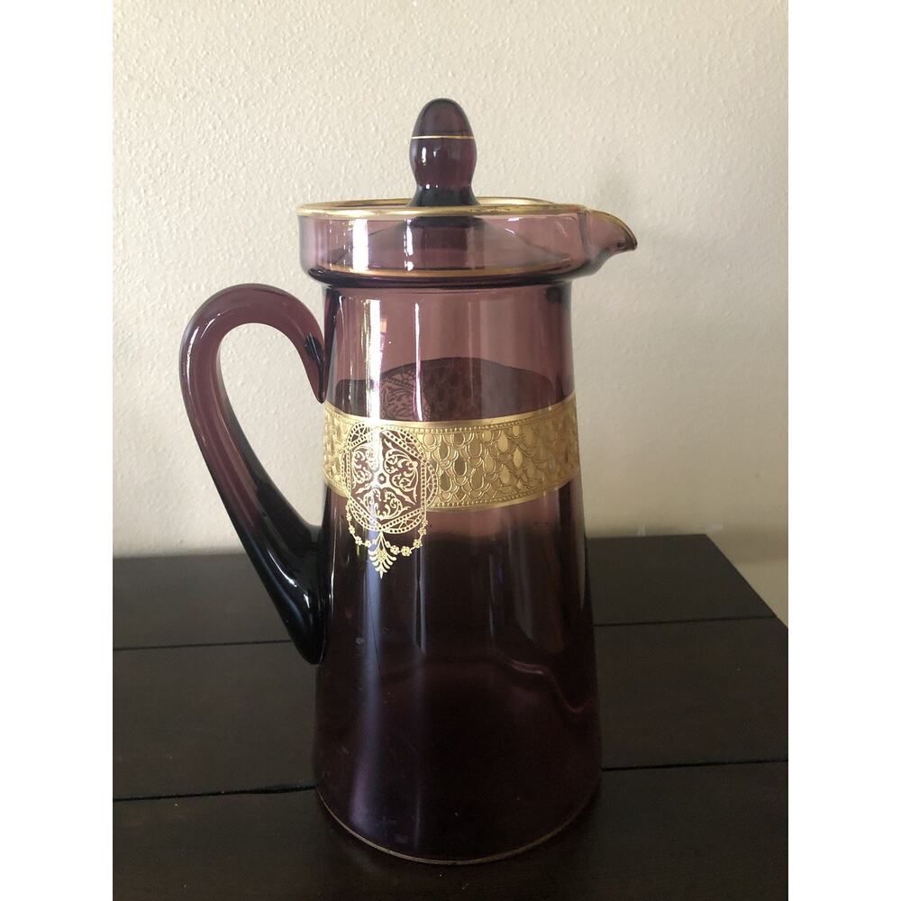 Vintage Italian Amethyst Glass Pitcher With Ornate Gold Band